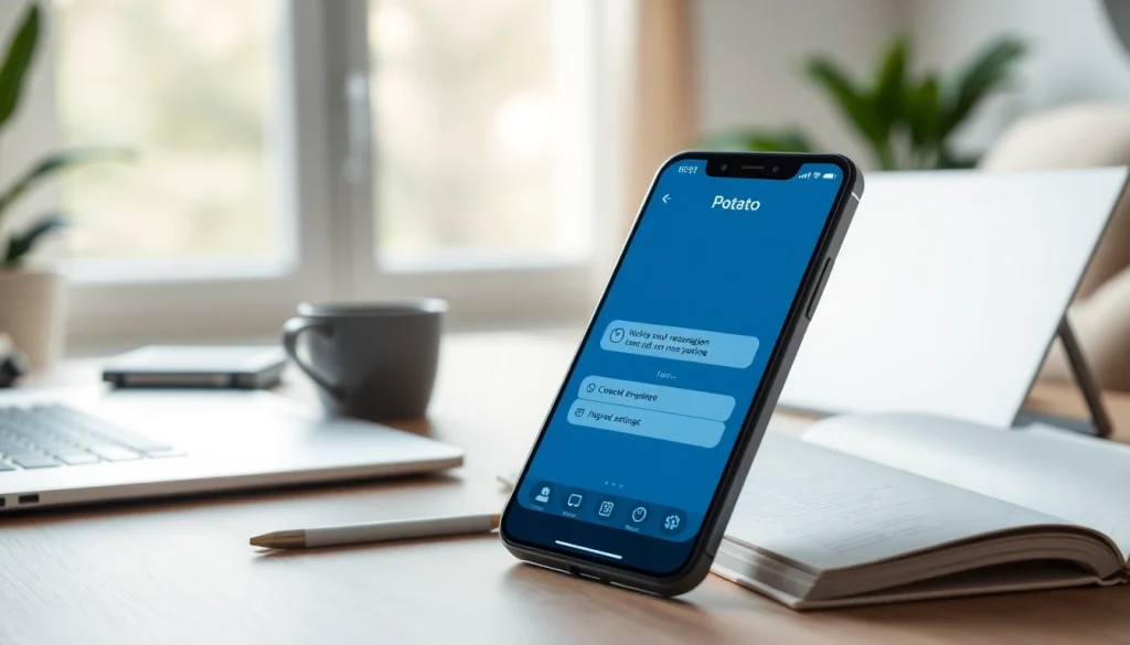 Potato下载: Professional smartphone interface showcasing secure messaging features in a cozy workspace.