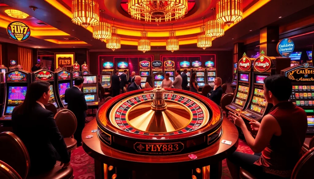 Experience the thrill of FLY88 at a luxurious casino with vibrant games and eager players.