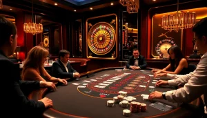 Engaged players enjoying blackjack at a luxury casino scene on https://nohu90pa.com.