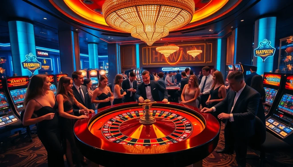Experience HAYWIN luxury at a vibrant casino with roulette and slot machines.
