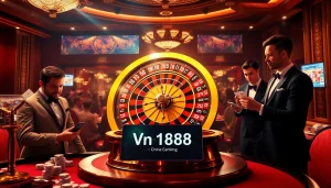 Engage in a thrilling casino experience with vn168, featuring a vibrant roulette wheel and elegant gamblers.
