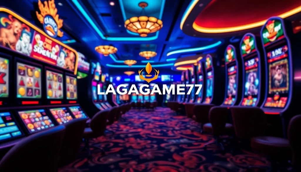 LAGAGAME77 gaming environment with vibrant graphics, interactive slot machines, and a lively casino atmosphere.