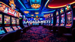 LAGAGAME77 gaming environment with vibrant graphics, interactive slot machines, and a lively casino atmosphere.