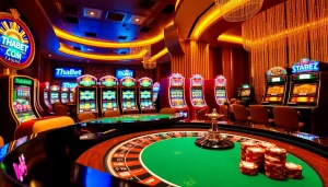 Gambling excitement at thabet.com with a vibrant roulette table and colorful chip stacks.