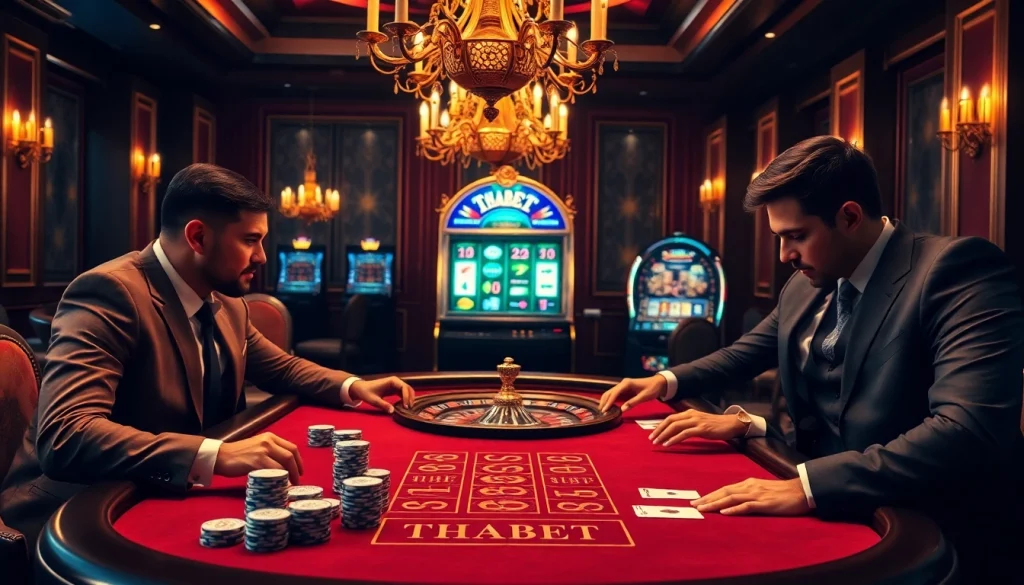 Experience an exciting poker game at THABET, showcasing professional players and vibrant casino elements.