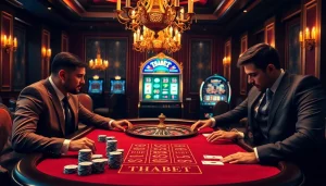 Experience an exciting poker game at THABET, showcasing professional players and vibrant casino elements.