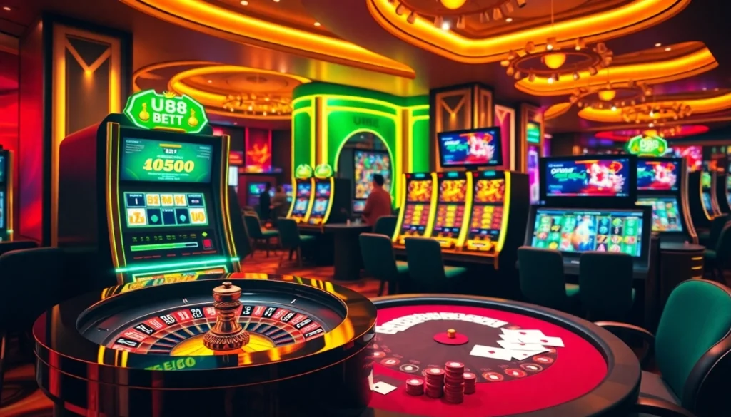 Experience thrilling gaming at UU88 with vibrant slot machines and a poker table.