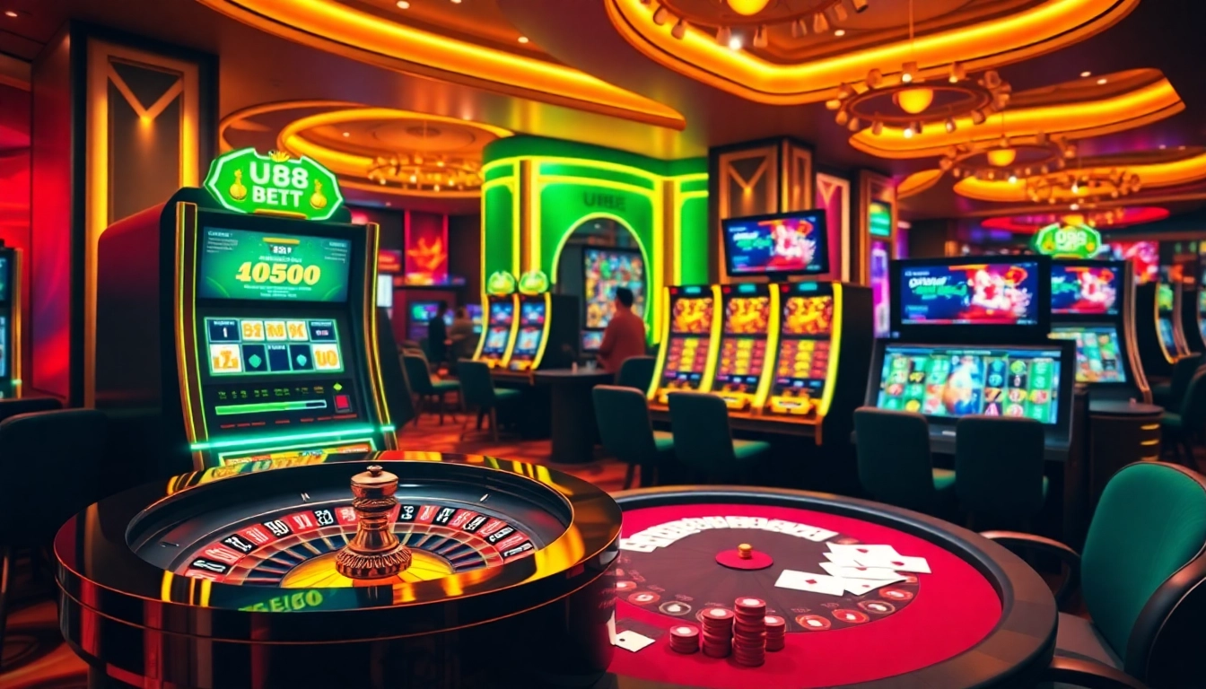 Experience thrilling gaming at UU88 with vibrant slot machines and a poker table.