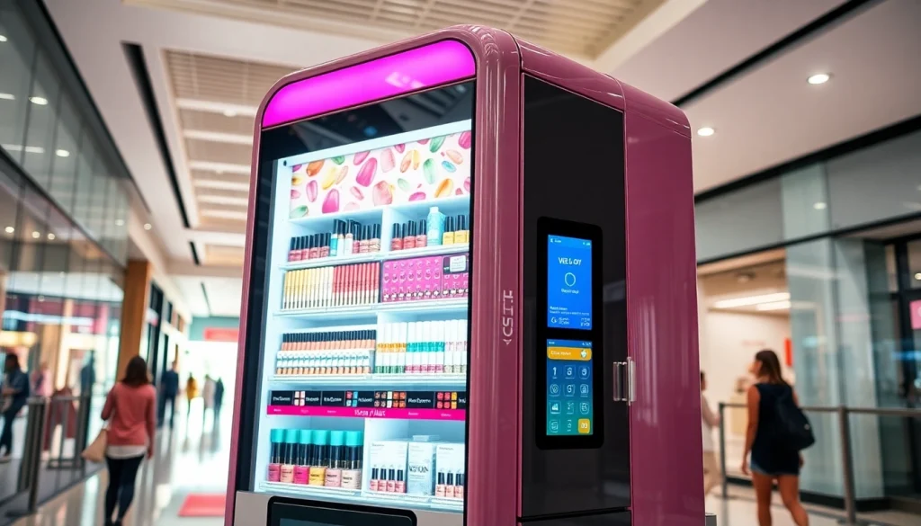 Modern nail vending machine showcasing bright nail products in a busy mall.