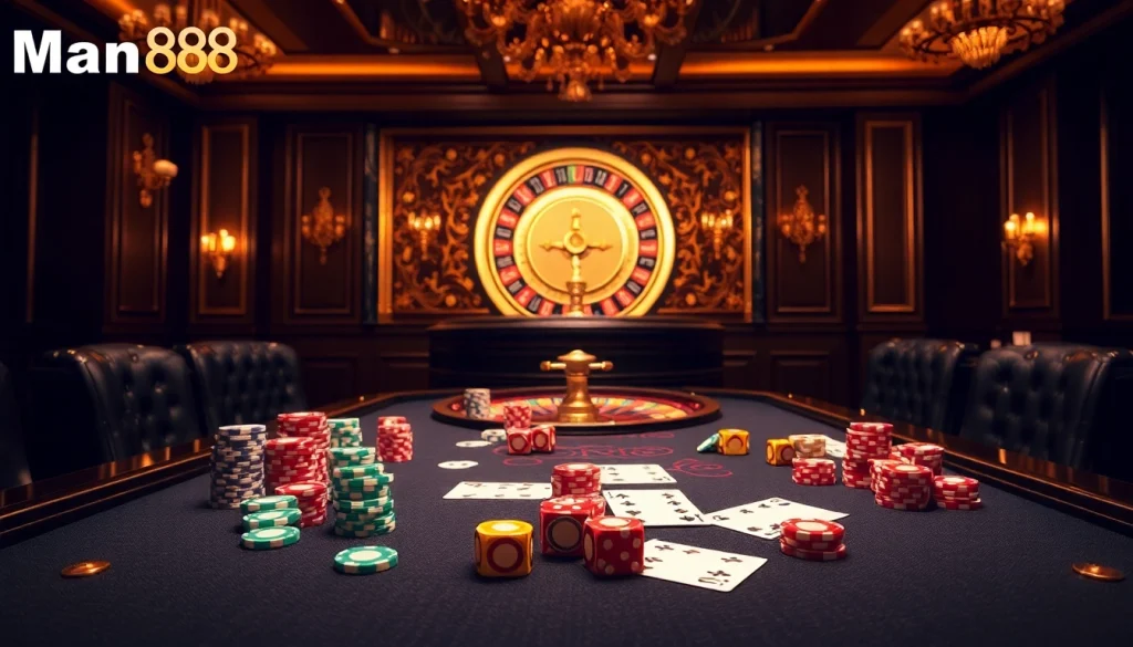 Man88 casino scene showcasing a thrilling gaming table with vibrant chips and cards for expert gamblers.