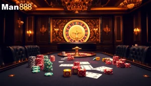 Man88 casino scene showcasing a thrilling gaming table with vibrant chips and cards for expert gamblers.