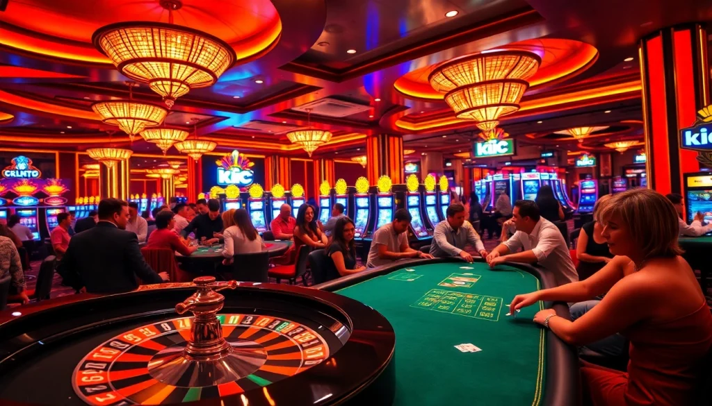 KJC players enjoying a thrilling game at a luxury casino, featuring roulette and poker tables.