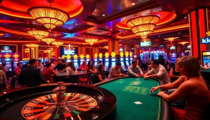 KJC players enjoying a thrilling game at a luxury casino, featuring roulette and poker tables.