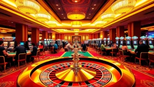 Exciting scene at a luxurious casino featuring players at 99WIN tables and vibrant slot machines.