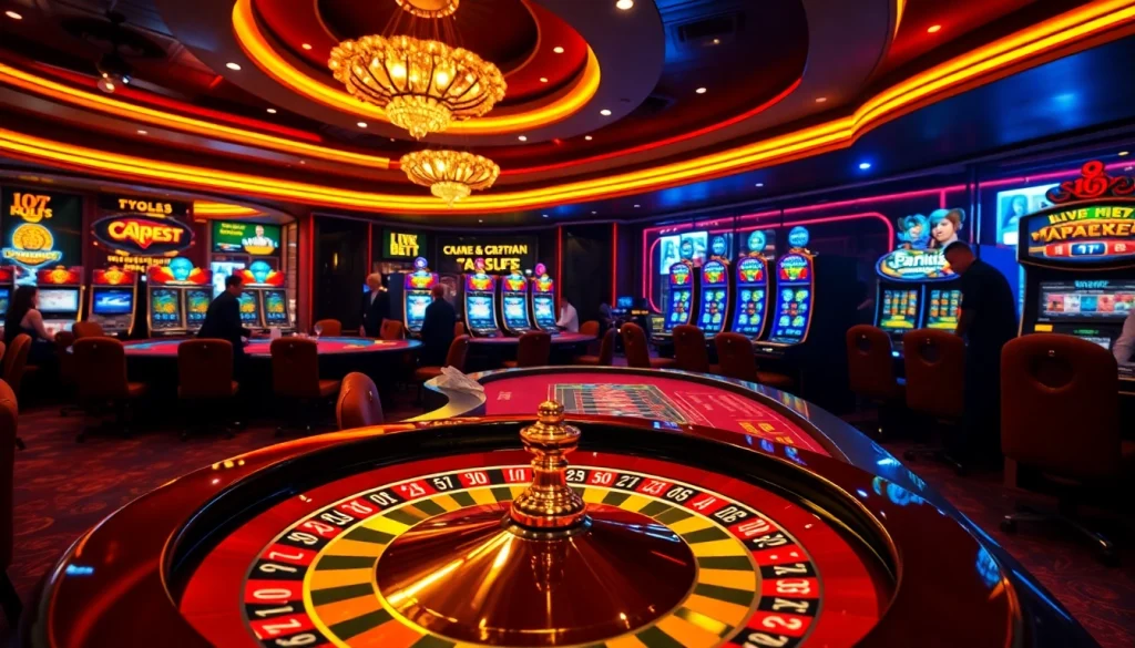 Experience the excitement of gambling with https://vaoluoitv.it.com, showcasing casino tables, poker chips, and vibrant slot machines.