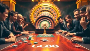 Players enjoy a GG88 branded poker game at a vibrant casino table.