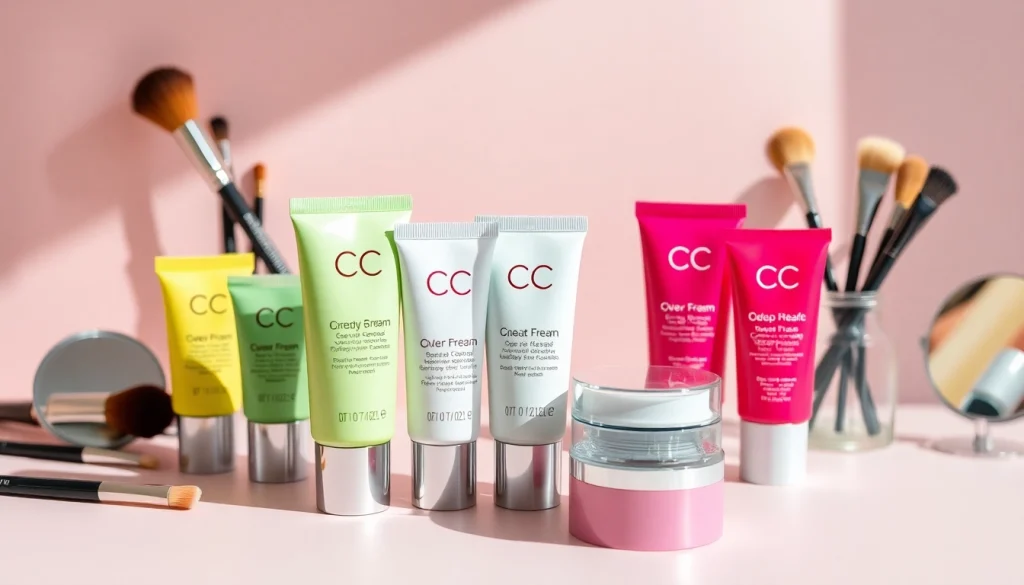 cc cream for oily skin displayed artistically with brushes and mirror