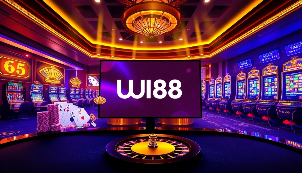 Engaging scene of UU88 casino with vibrant poker chips and luxurious roulette wheel.