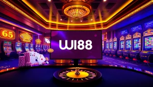 Engaging scene of UU88 casino with vibrant poker chips and luxurious roulette wheel.