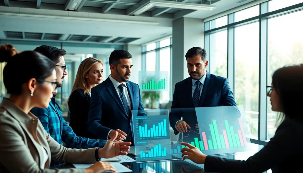 Analyze growth strategy trends in a modern office with diverse professionals engaged in discussion.