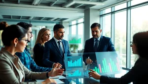 Analyze growth strategy trends in a modern office with diverse professionals engaged in discussion.