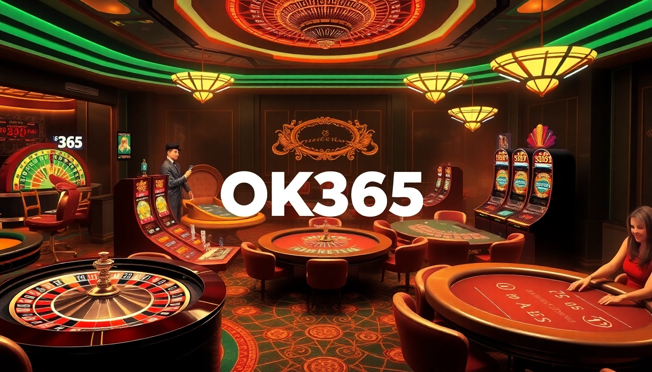 Experience the thrilling online gambling atmosphere at OK365 with vibrant slots and elegant casino tables.