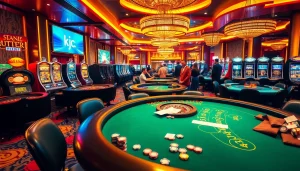 Players enjoy high-stakes games at KJC's luxury casino, with roulette and poker tables creating a thrilling atmosphere.