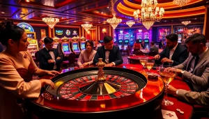 Experience thrilling casino moments at https://kkwin.life/ with elegant tables, vibrant slot machines, and excited gamblers.