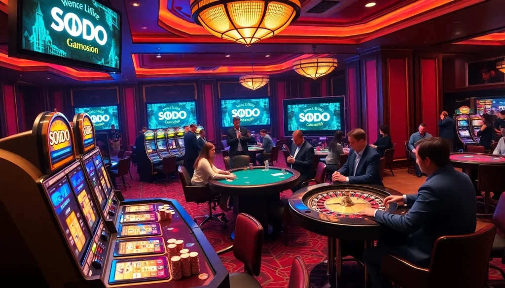 SODO Casino scene with vibrant slot machines and an exciting poker game.