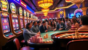 Para pemain merasakan kegembiraan di mesin slot Utama4D di kasino yang penuh warna.