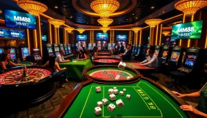 Experience the thrill of MM88 gaming with vibrant casino tables, roulette wheels, and exciting slot machines.