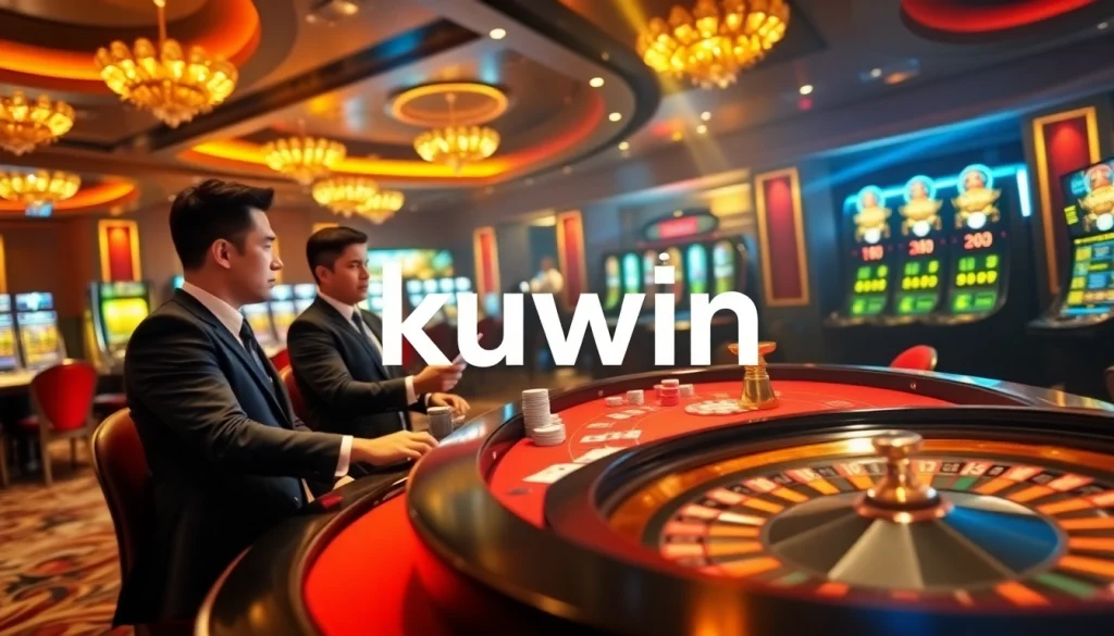 Players winning big at a KUWIN casino table with professional dealers and vibrant atmosphere.