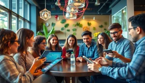Grupo discutindo novidades e teorias interessantes em um café moderno, apresentando tecnologia e colaboração.
