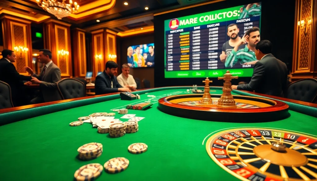 Exciting casino experience at MMOO with poker chips, cards, and roulette wheel.