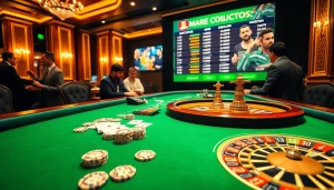 Exciting casino experience at MMOO with poker chips, cards, and roulette wheel.