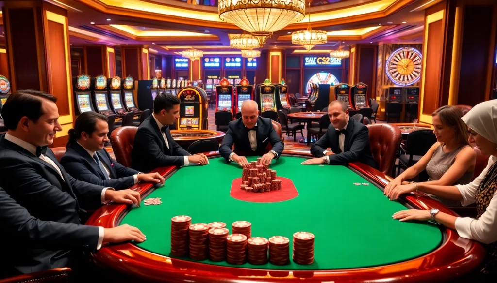Players strategizing at a high-stakes poker table at Fc88 casino, amid vibrant slot machines.