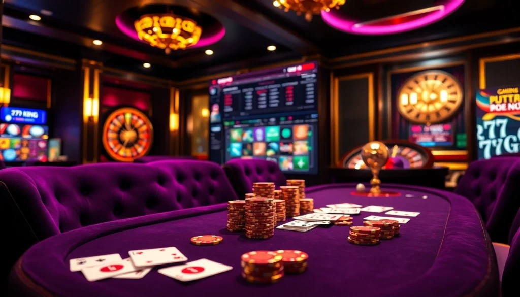Players enjoy high-stakes gambling at the 79 king poker table, surrounded by luxurious casino elements.