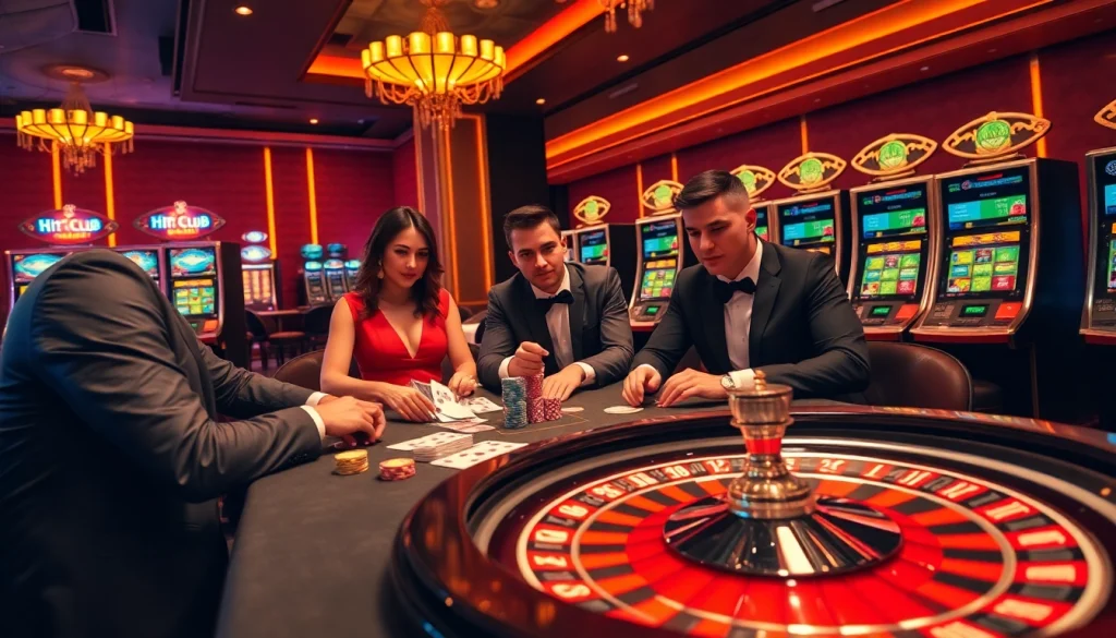 Hit Club players strategizing at a lavish casino table with vibrant poker chips and cards.