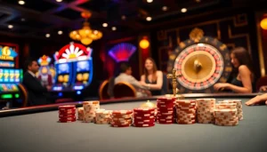 Experience the thrills of j88vip1 with vibrant casino lights and excited players betting at the table.