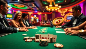 Exciting poker action at a casino table featuring "Daga" among high-stakes players.