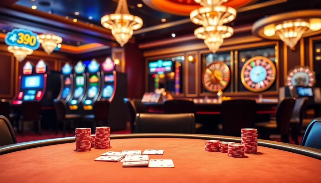 Experience the thrill at 399W's luxurious casino table with vibrant poker chips and cards.