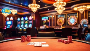 Experience the thrill at 399W's luxurious casino table with vibrant poker chips and cards.