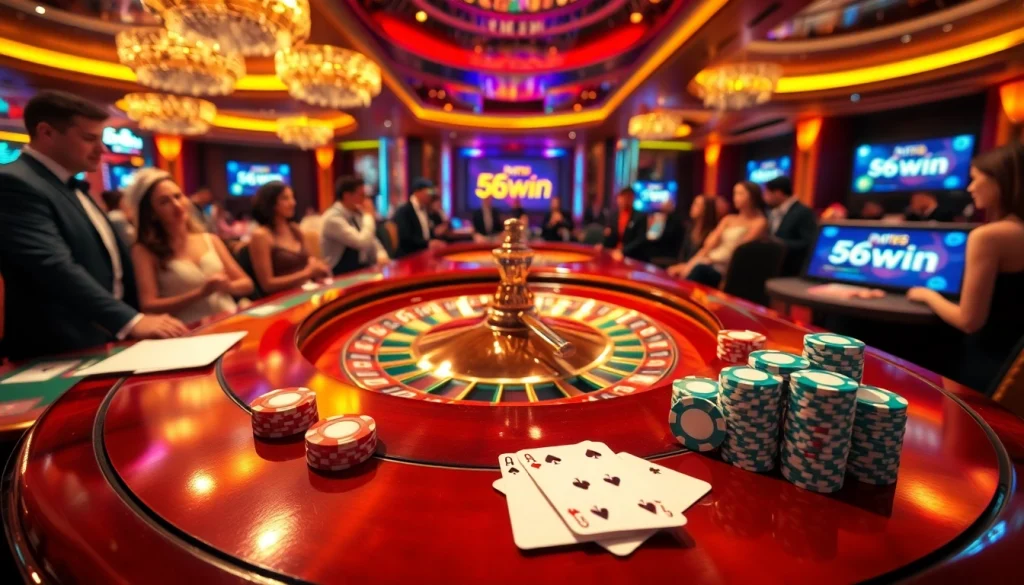 Engage with vibrant casino action at https://56win.sale/, featuring a lively roulette table and poker chips.