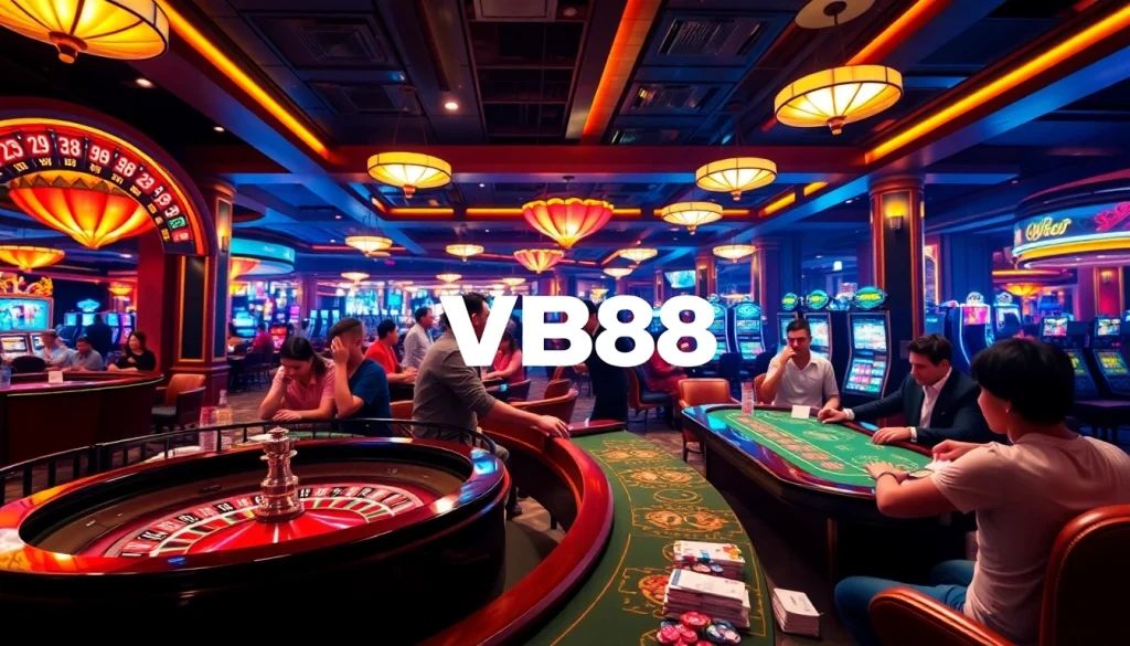 Experience the excitement of VB88 gaming at a vibrant casino with roulette and poker tables.