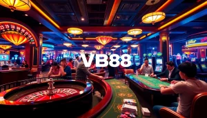 Experience the excitement of VB88 gaming at a vibrant casino with roulette and poker tables.