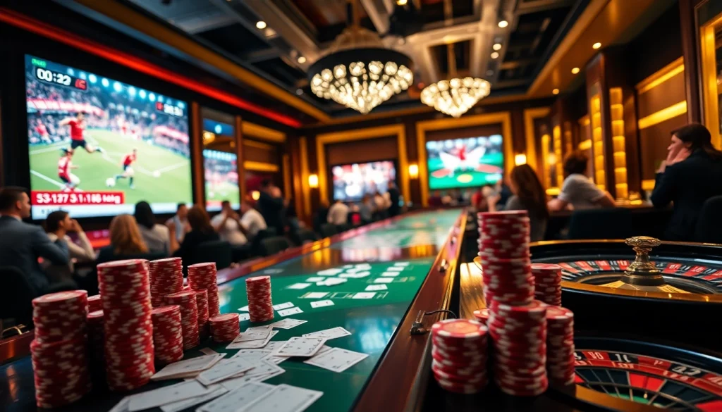 The energetic atmosphere of a sports betting lounge at https://vaoluoitv.it.com, featuring live soccer matches and vibrant betting slips.