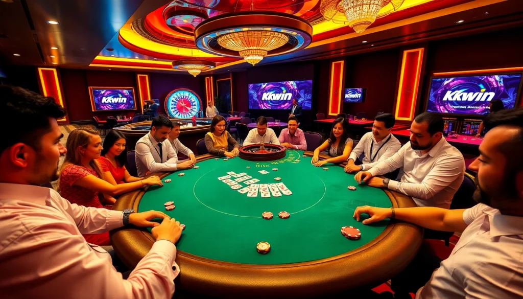 Kkwin casino table with players engaging in poker, depicting excitement and luxury in gambling.
