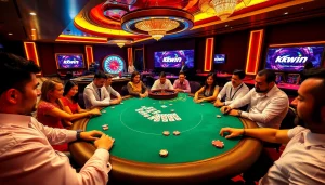 Kkwin casino table with players engaging in poker, depicting excitement and luxury in gambling.