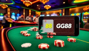 Engaging scene of GG88 online casino with poker chips, betting slips, and vibrant gaming atmosphere.