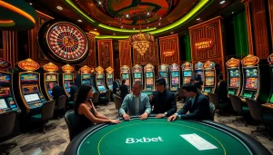 Gamble strategically at the luxurious 8xbet casino with vibrant slot machines and poker tables.